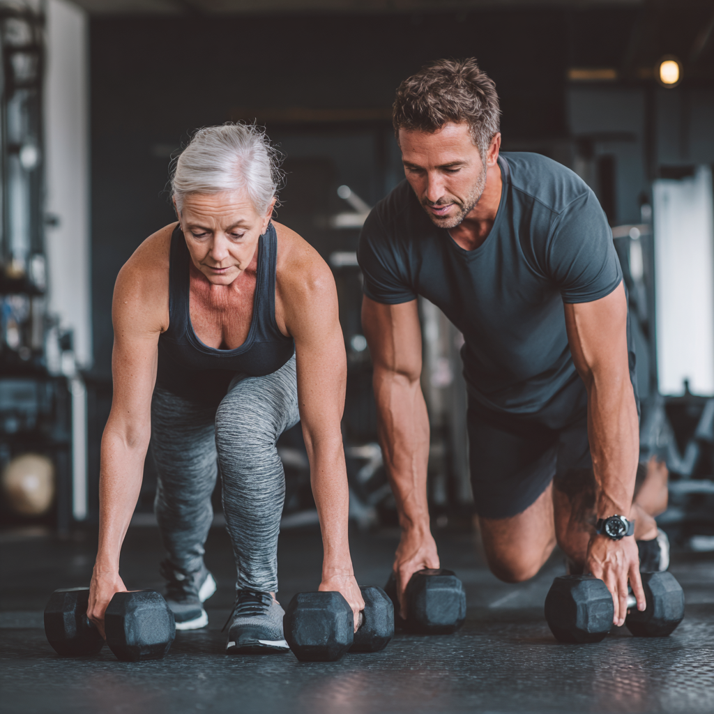 Fitness instructor working individually with mature adult client in personalized training session