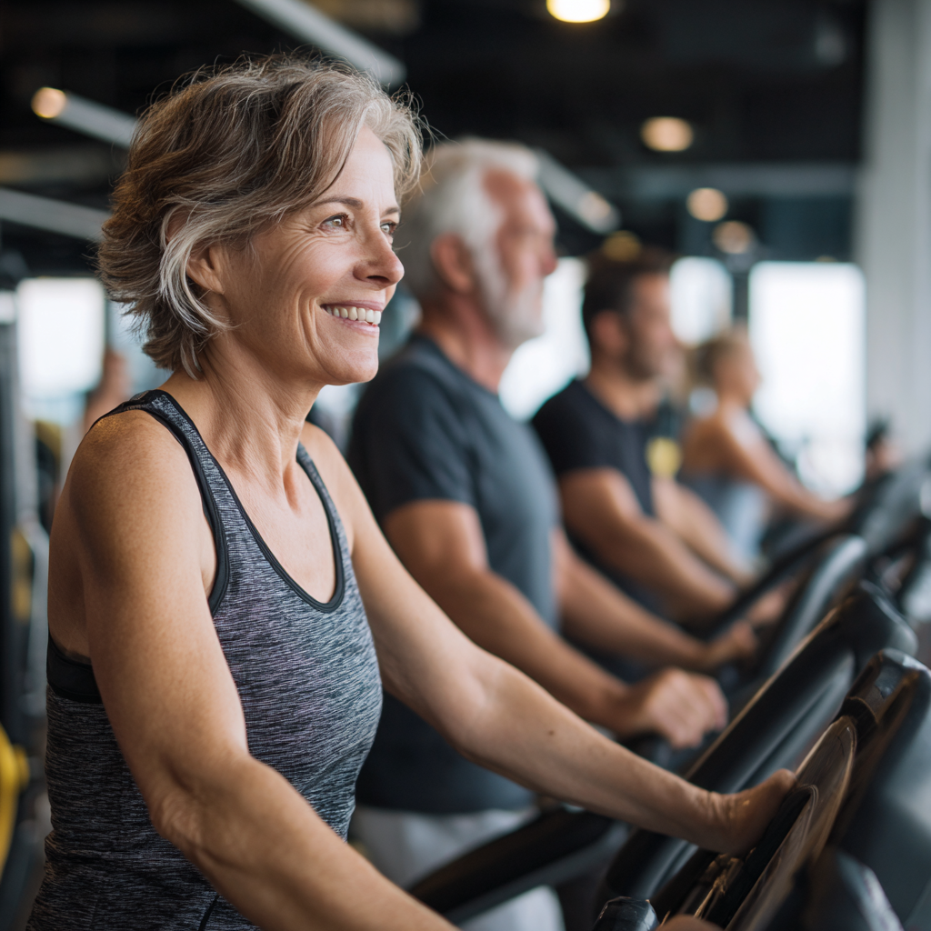 Middle-aged adults exercising in modern fitness facility with various equipment zones